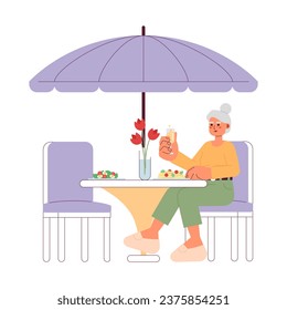 Senior woman eating fancy dinner 2D cartoon character. Elderly lady at patio dining restaurant isolated vector person white background. Toasting drink. Retirement enjoying color flat spot illustration