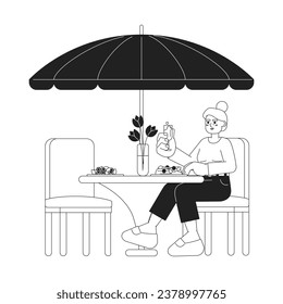 Senior woman eating fancy dinner black and white 2D cartoon character. Elderly lady at patio dining restaurant isolated vector outline person. Retirement enjoying monochromatic flat spot illustration