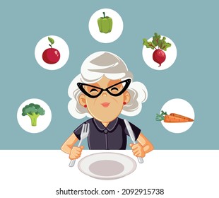 

Senior Woman Eating Healthy Vector Cartoon Illustration. Elderly grandma ready to eat healthy foods as balanced diet lifestyle
