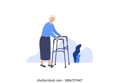 Senior woman. Elderly old woman walking. Vector