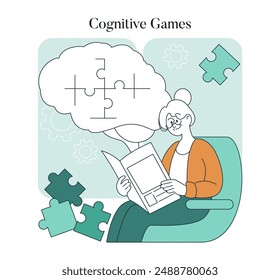 Senior woman engaged in brain exercises to promote mental health. Cognitive enhancement through puzzles and memory games. Vector illustration.
