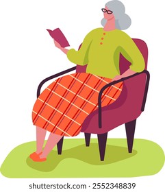 Senior woman enjoying her retirement, sitting comfortably in an armchair, reading a book, immersed in literature, finding peace and relaxation in the simple pleasure of reading