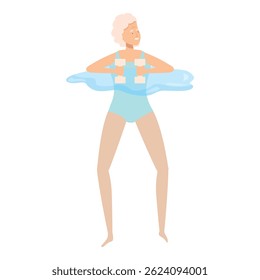 Senior woman is enjoying her water aerobics class, lifting dumbbells while standing in the swimming pool