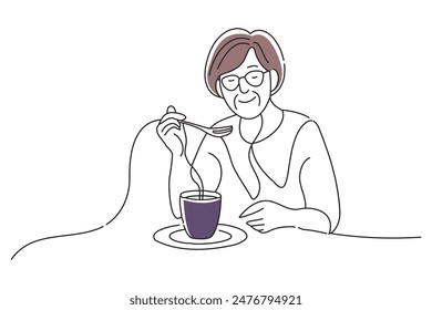 Senior woman enjoying a meal, doodle continuous line art vector illustration