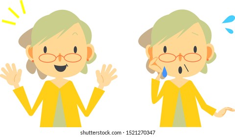 senior woman expression set, worry & satisfied
