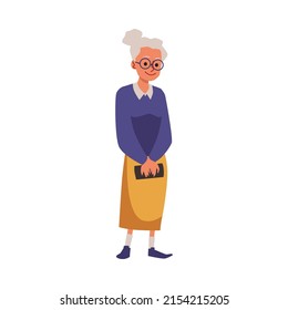 Senior woman in eyeglasses holding her purse or phone, flat vector illustration isolated on white background. Cartoon character of smiling elderly person. Concepts of aging and family.