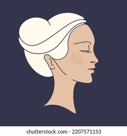 Senior Woman Face.Hair Salon, Beauty Studio, Makeup Illustration.Fashion, Cosmetics, Spa, Skin Care Icon. White, Gray Hair Bun.Mature Lady Portrait.Beautiful White Hairstyle Model.Glamour Logo.