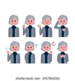 Senior woman facial expression illustration set