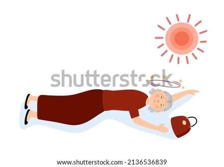 Senior woman fainting under strong sunlight in flat design on white background. Dizziness symptom.