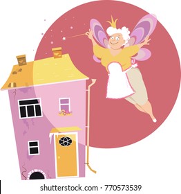 Senior woman with fairy wings and magic wand turning a dingy house beautiful, EPS 8 vector illustration