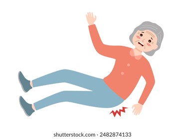 Senior woman falls and hurts back in flat design on white background. Senior back pain concept.