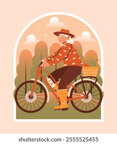 Senior woman farmer worker rides on bicycle with basket full of fruits. Naive illustration with cute old female person in hat and boots. Harvesting, harvest time. Autumn season. Happy active old age.