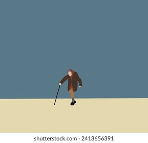 Senior woman in fashion cloth walking down street with cane. Old people lifestyle. Happy healthy Retirement concept.