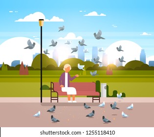 senior woman feeding flock of pigeon sitting wooden bench urban city park cityscape background horizontal flat