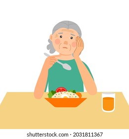 Senior woman feel not hungry concept vector illustration on white background. Old female unable to eat. No appetite.