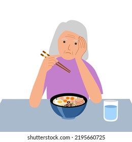 Senior woman feel not hungry concept vector illustration on white background. Old female unable to eat. No appetite.