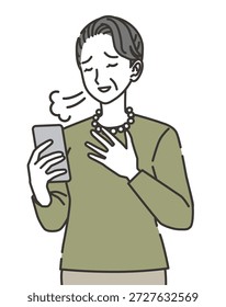 Mujer mayor sintiéndose aliviada mientras mira la ilustración del teléfono inteligente