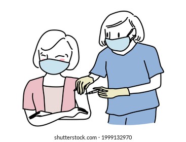 Senior Woman Feeling Uneasy While Taking An Injection. Needle Phobia Woman Getting A Shot Of Vaccine. Healthcare Worker With Face Mask Giving Needle Phobia Woman A Vaccine Jab. People Getting Vaccine.