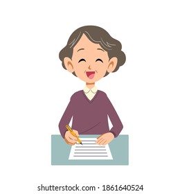 Senior woman filling out documents with a smile