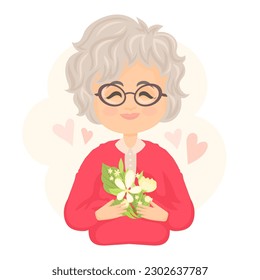 Senior woman with flower bunch. Modern elderly aged lady holding floral bouquet.