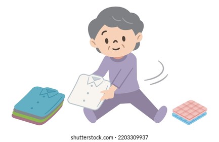 Senior Woman Folding Laundry While Stretching