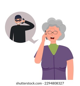 Senior woman with fraud scam via mobile phone in flat design. Phone phishing.