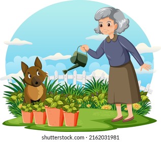 Senior woman gardening and her dog illustration