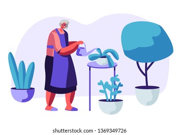 Senior Woman Gardening Hobby. Aged Grey Haired Female Character In Apron Caring Of Home Plants In Pots. Old Lady Holding Watering Can Pouring Water In Domestic Flowers Cartoon Flat Vector Illustration