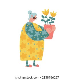 Senior Woman Gardening Hobby. Aged Grey Haired Female Character holding in her hands Home Plant in Pot. Old Lady in Domestic Dress Carry Flower Pot with blooming houseplant. Flat Vector Illustration