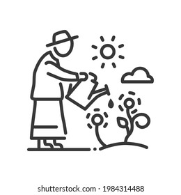 Senior Woman Gardening - Line Design Single Isolated Icon On White Background. High Quality Black Pictogram. Image Of A Retired Person Watering Plants. Elderly People Care, Hobby And Leisure Idea