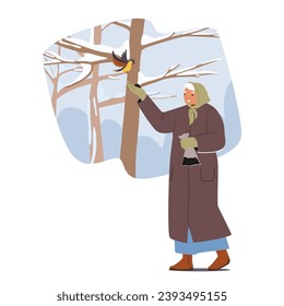 Senior Woman With Gentle Grace Feeds Birds From Her Hand, Creating A Heartwarming Scene Of Compassion Amid The Winter Cold, Elder Character Connecting With Nature. Cartoon People Vector Illustration