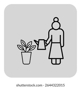 Senior woman gently watering potted plant using watering can, engaging in gardening activity indoors. Woman enjoying nurturing her green space, bringing life to her environment