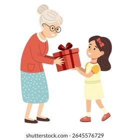 Senior woman giving a gift box to a happy little girl. Grandchild receiving a present from her grandmother. Generosity and sharing concept.