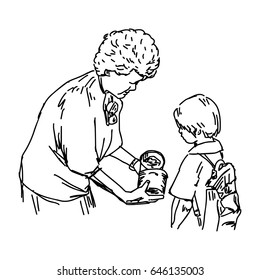senior woman giving a poor girl a gift - vector illustration sketch hand drawn with black lines, isolated on white background