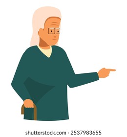 Senior woman with glasses holding a cane and pointing with her finger