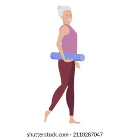 Senior woman going to do yoga, sports training, gymnastics. Elderly woman with gray hair wearing sports clothes holding yoga mat. Old age healthy concept. Colored flat cartoon vector illustration.