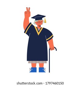 Senior woman graduate. Education for old people. Character for adults learning. Senoir student in academic dress and graduation cap. Elderly study concept. Vector flat illustration. 