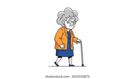A Senior Woman with Gray Curly Hair Wearing Glasses and an Orange Jacket Walking with a Cane