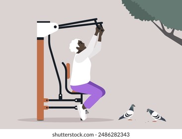 A senior woman with gray hair works out on an outdoor fitness machine while two pigeons observe nearby