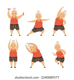 Senior Woman with Grey Hair Doing Physical Exercises Stretching Vector Set