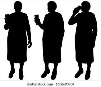 Senior Woman Hands Holding A Thermomug With A Drink. Grandma Drinks Tea, Coffee, Juice From A Mug. Stainless Steel Water Bottle. Travel Thermo Mug. Vector Illustration Set Of Three Black Silhouettes.