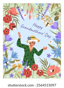 Senior woman. Happy grandmother's Day. Old person portrait. Meadow flowers. Blooming plants. Floral frame. Grandparent's holiday greeting card. Grandma happiness. Elderly people vector event poster