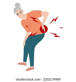 Senior woman has low back pain and sciatica from a herniated disc. Medical diagrams about trapped nerves make patients chronic pain in the back and paralysis. Vector illustration.