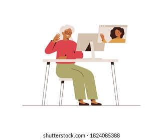 Senior woman has a video call with her adult daughter. Happy grandmother makes online conversation with her grandchild at the computer. Family web communication. Vector illustration 