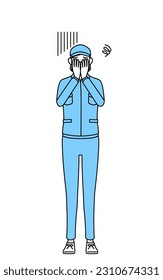 Senior woman in hat and work clothes covering her face in depression, Vector Illustration