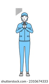 Senior woman in hat and work clothes apologizing with her hands in front of her body, Vector Illustration