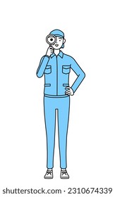 Senior woman in hat and work clothes looking through magnifying glasses, Vector Illustration