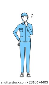 Senior woman in hat and work clothes nodding her head in question, Vector Illustration