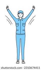 Senior woman in hat and work clothes doing radio calisthenics, preparation for accident prevention, Vector Illustration