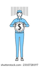 Senior woman in hat and work clothes an image of exchange loss or dollar depreciation, Vector Illustration